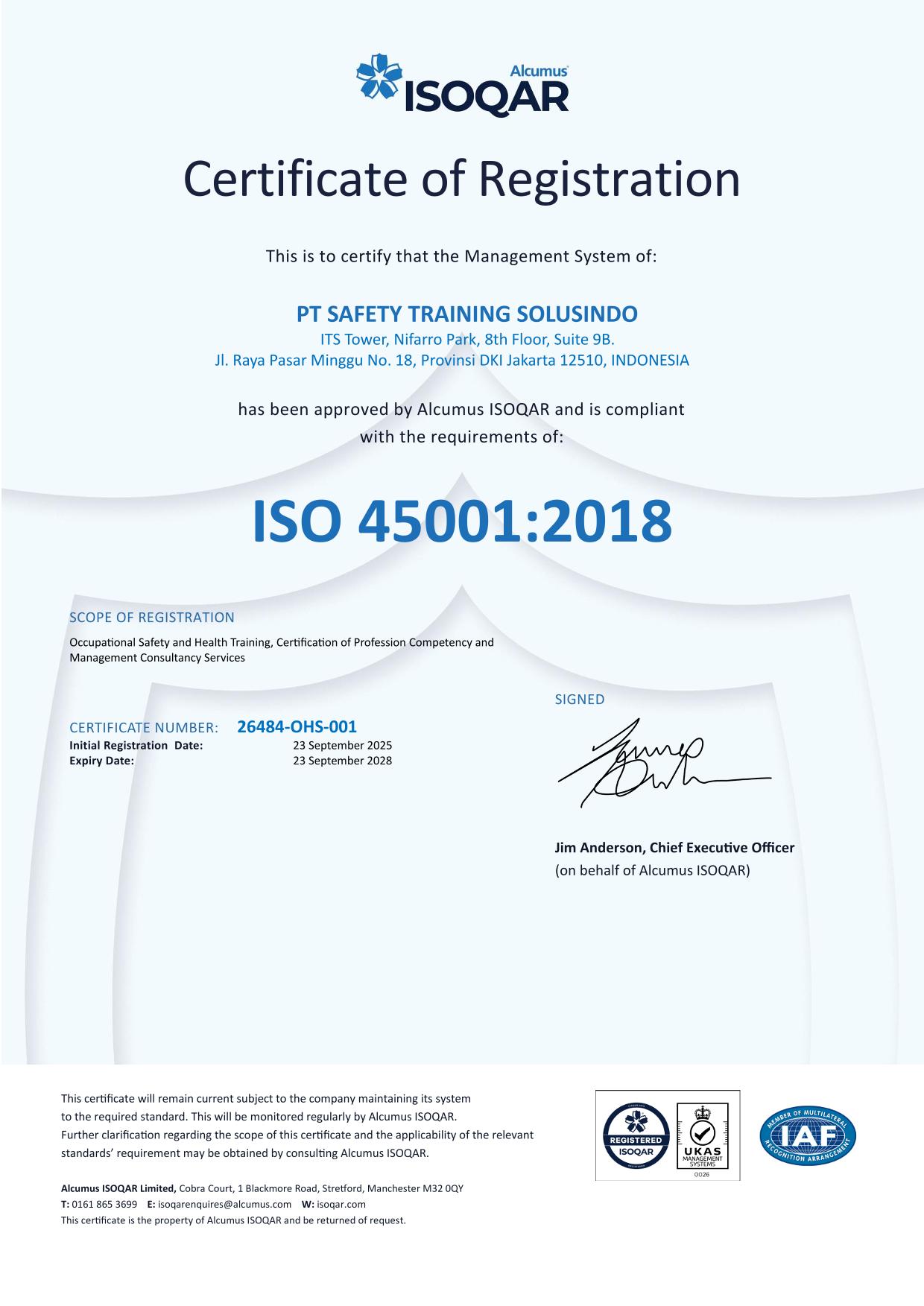 ISO 45001 Certificate - PT Safety Training Solusindo