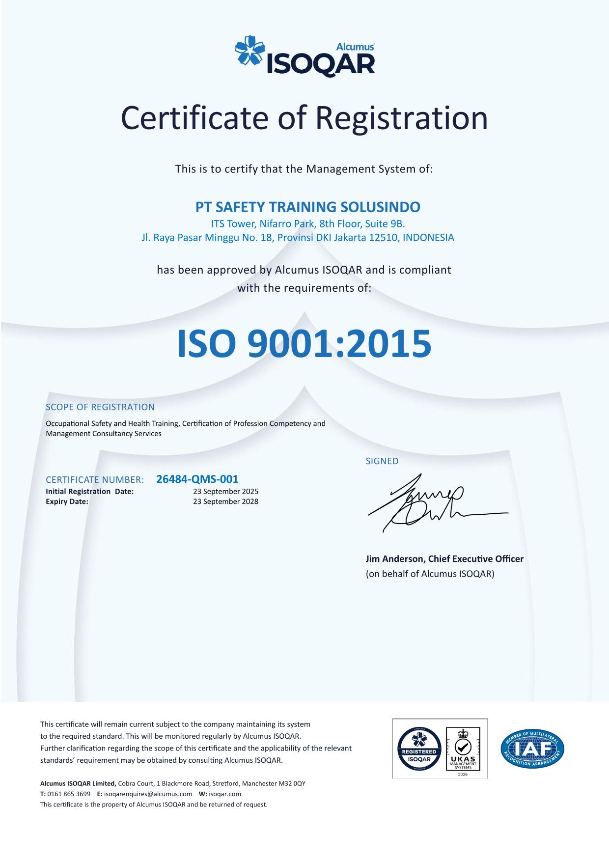 ISO 9001 Certificate PT Safety Training Solusindo